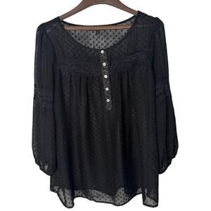 Peridot Sheer Black Polka Dot Lace Long Sleeve Button Baby Doll Top Size Medium